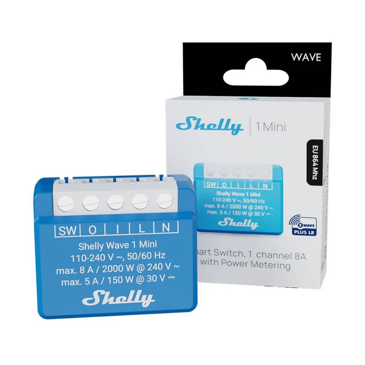 Interruttore smart blu Shelly Wave 1 Mini con morsetti e la sua confezione.