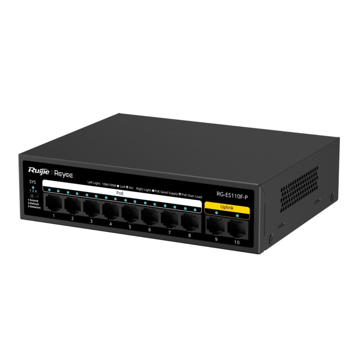Uno switch di rete nero Ruijie Reyee RG-ES110F-P con 10 porte e luci di segnalazione.