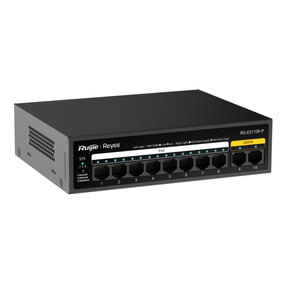 Uno switch di rete nero a 10 porte con indicatori LED.