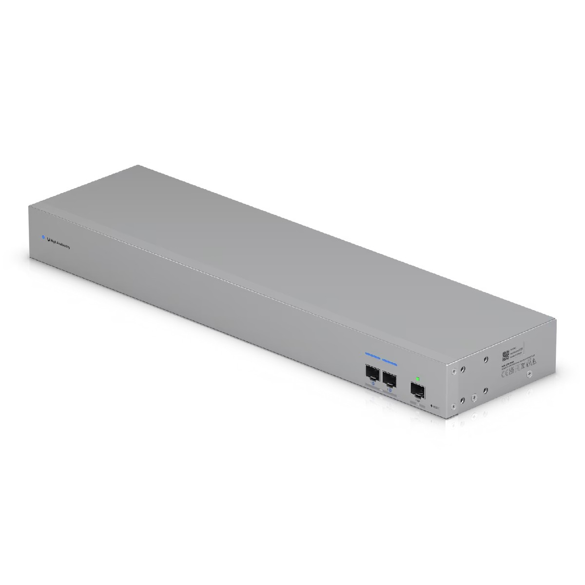 Un dispositivo di rete rettangolare grigio con porte e luci blu.
