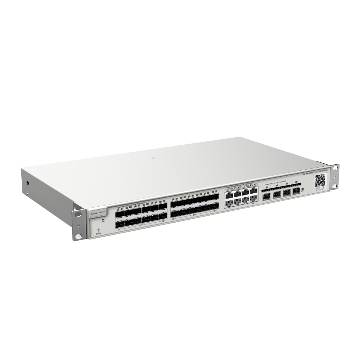 Uno switch di rete argentato con molte porte sul pannello frontale.