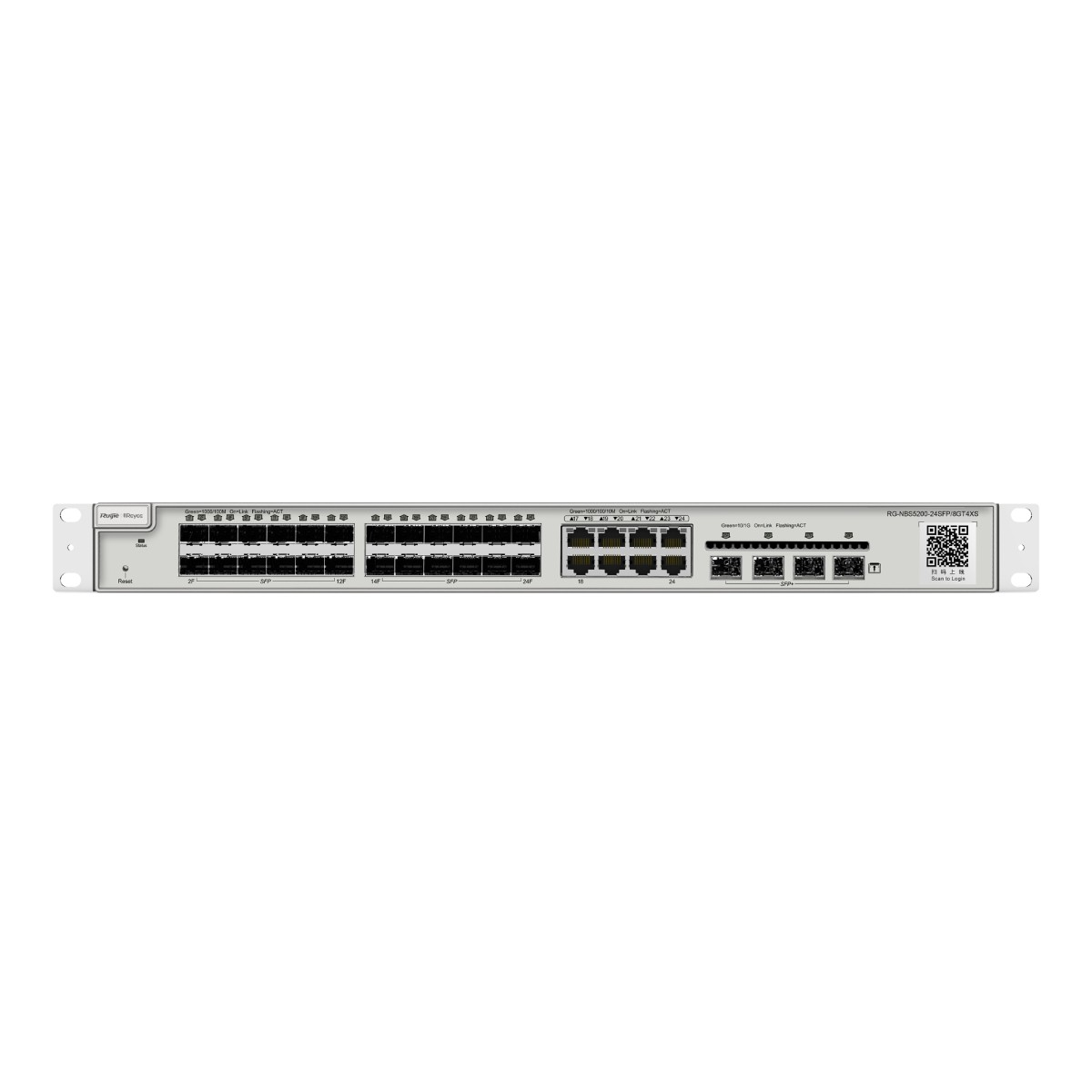 Uno switch di rete con molte porte e LED, vista frontale.
