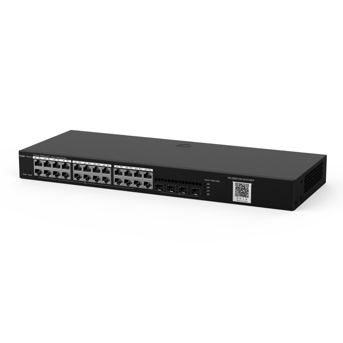 24 Ethernet ve 4 SFP bağlantı noktalı siyah ağ anahtarı.