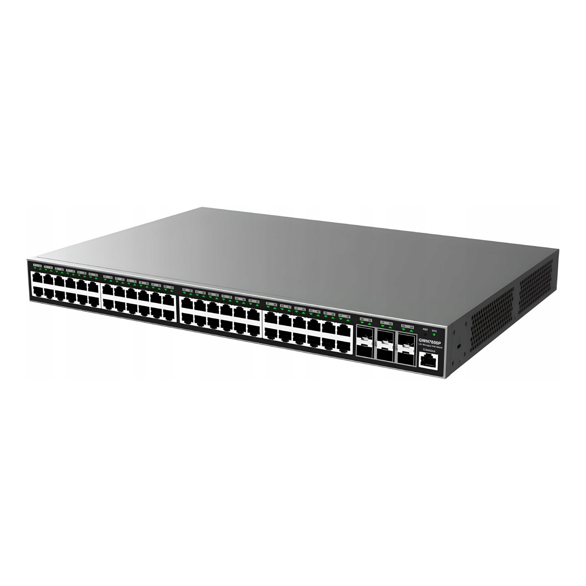 Uno switch di rete argentato con molte porte Ethernet e luci di indicazione verdi.