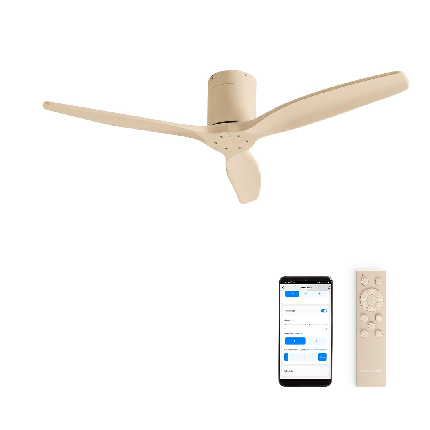 Un ventilador de techo beige de tres aspas, junto a un mando a distancia y un smartphone.