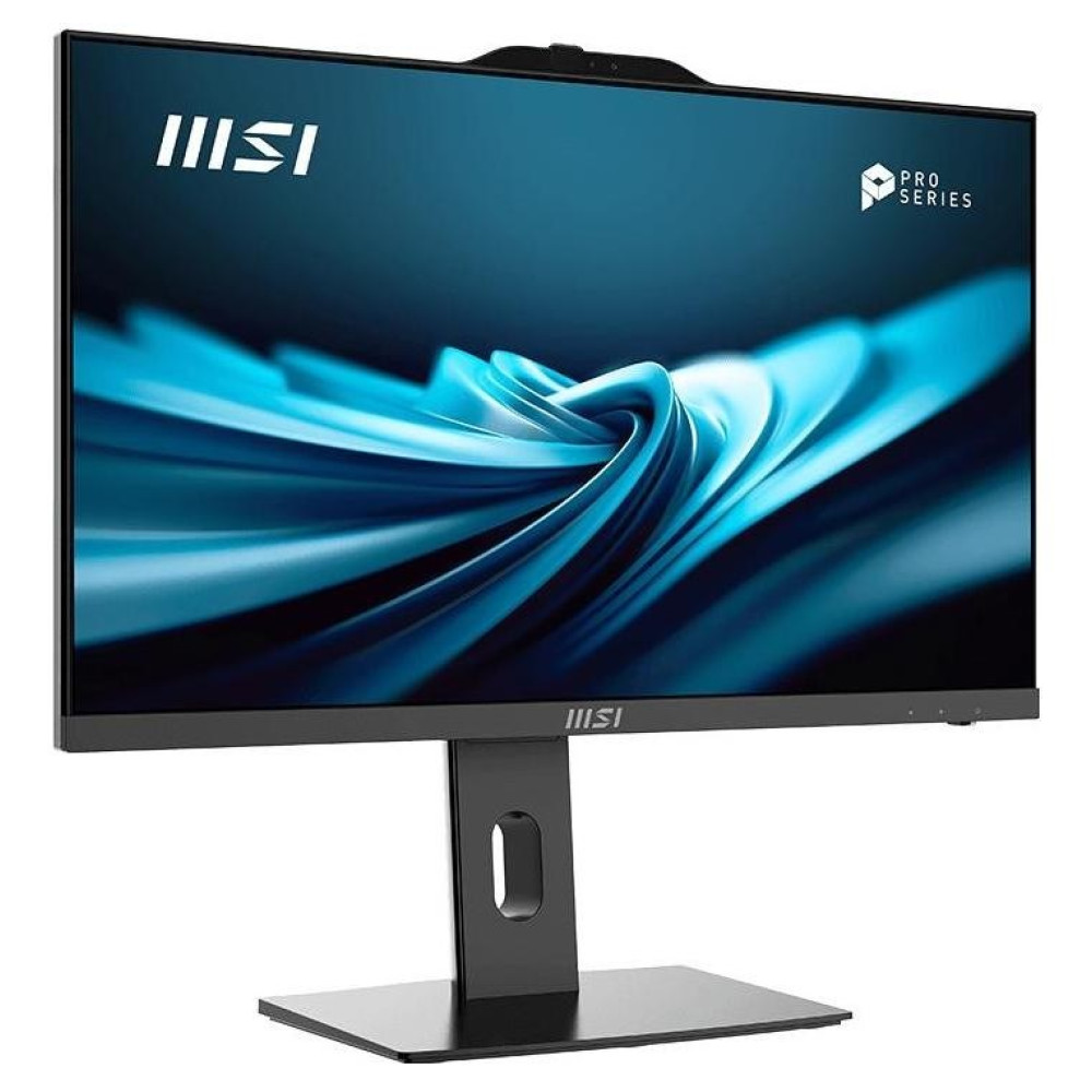 Monitor MSI con sfondo astratto blu sullo schermo e supporto nero.