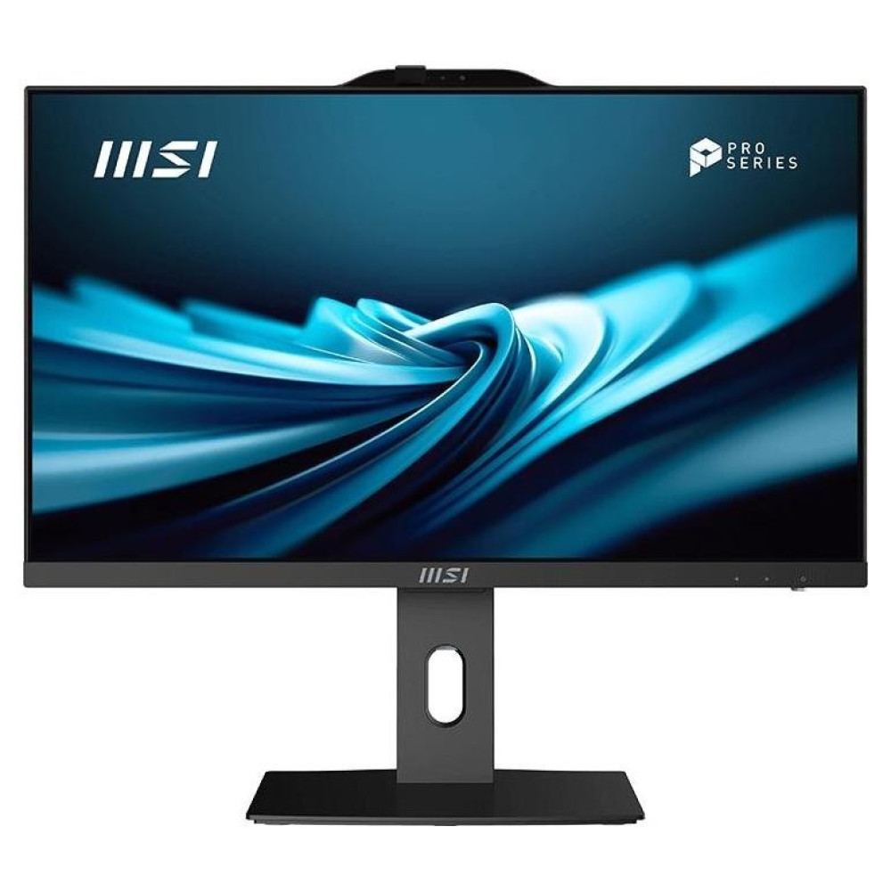 Un monitor MSI nero con sfondo blu. Logo MSI sul supporto.