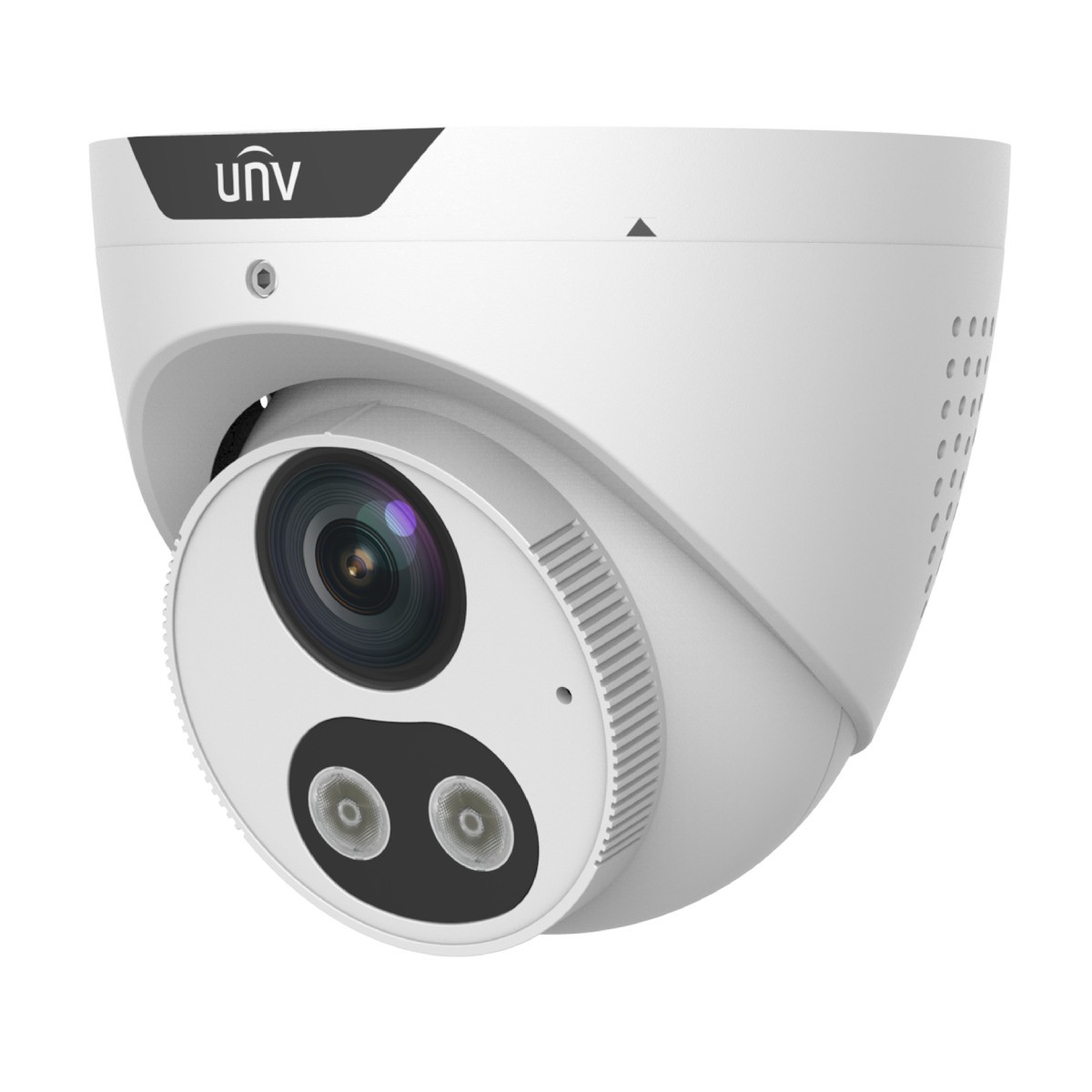 Telecamera di sicurezza UNV bianca con lente grande e due piccoli illuminatori.