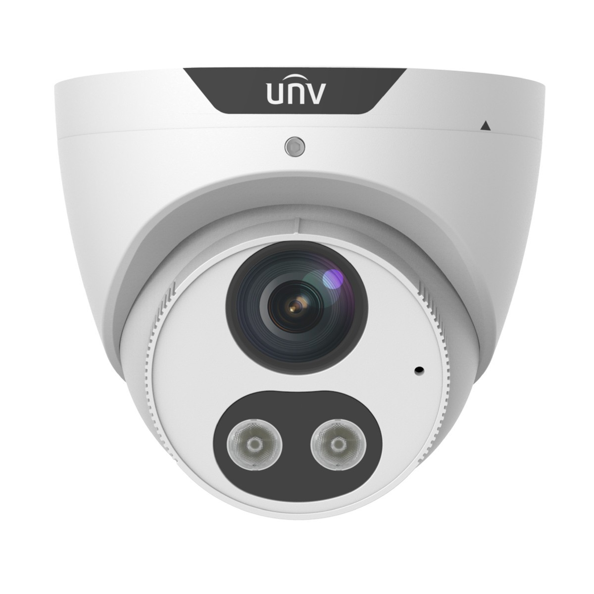 Una telecamera di sicurezza bianca con il logo UNV in alto.