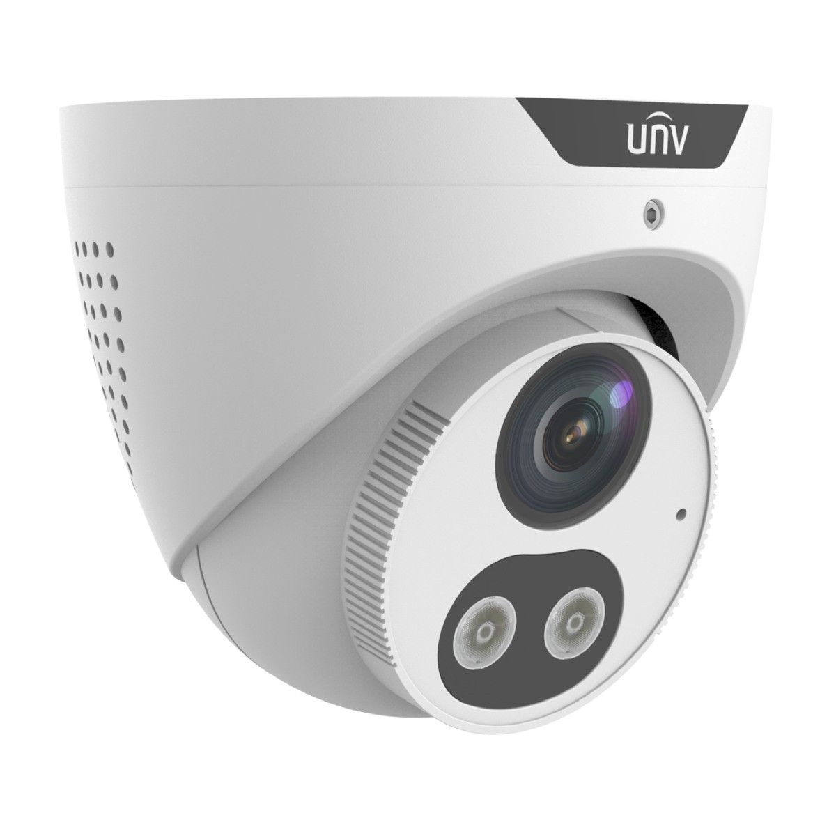 Telecamera di sicurezza bianca con due lenti, LED IR e logo nero.