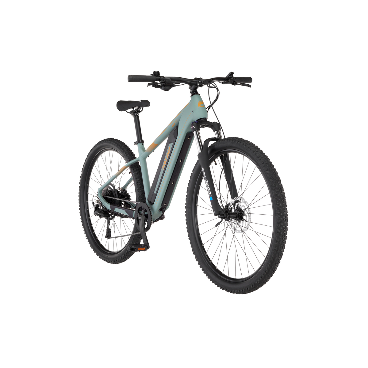 Ein mintgrünes E-Mountainbike mit schwarzen Reifen, Sitz und Lenker.