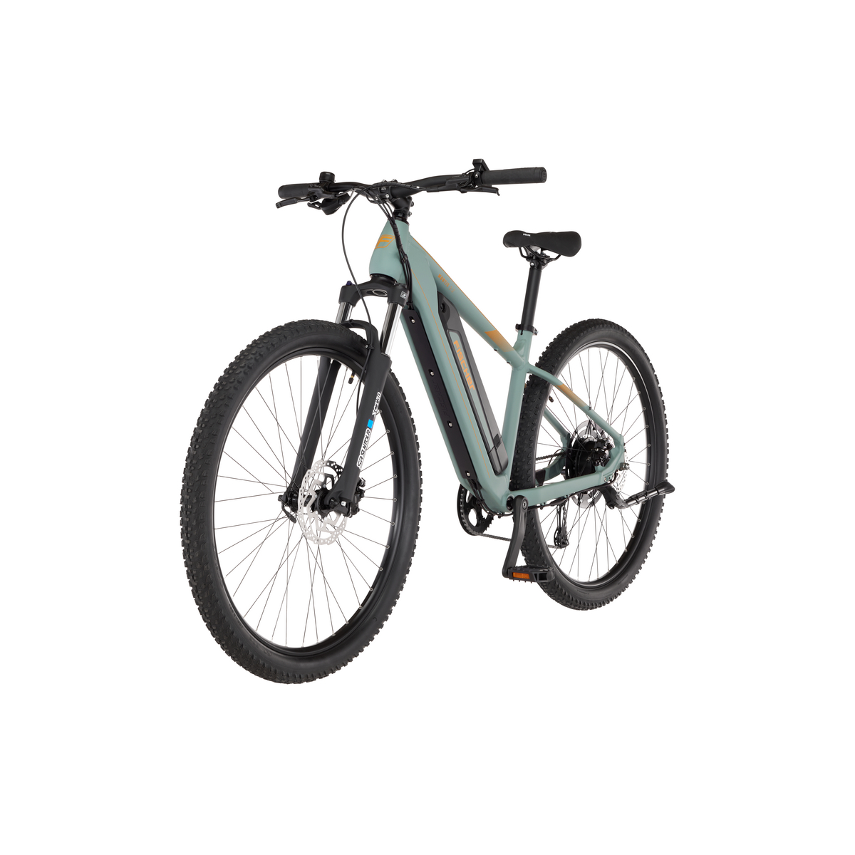 Ein hellgrünes E-Mountainbike mit schwarzen Reifen, silbernen Scheibenbremsen und orangen Akzenten.
