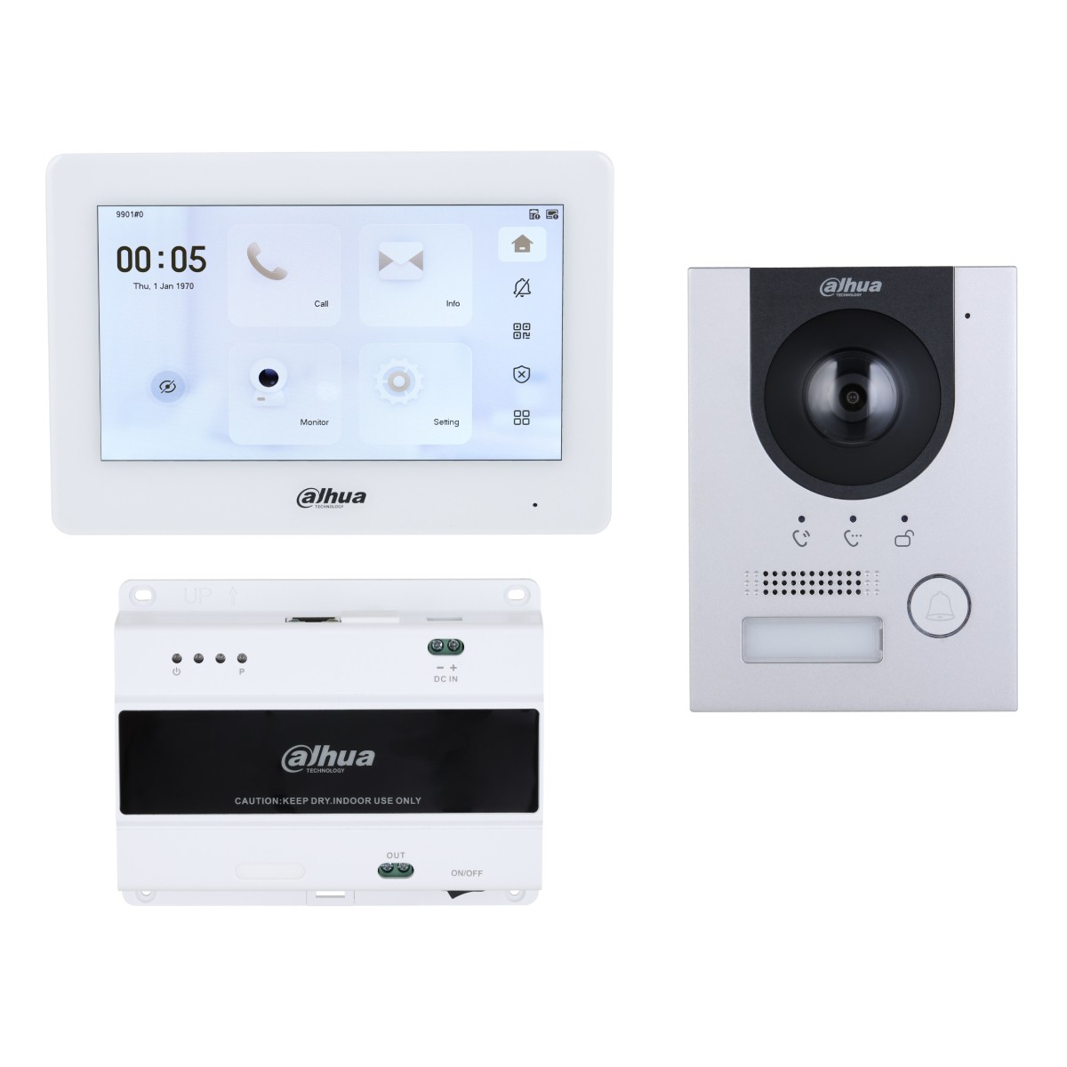 Un sistema citofonico bianco con monitor, unità esterna e alimentatore.