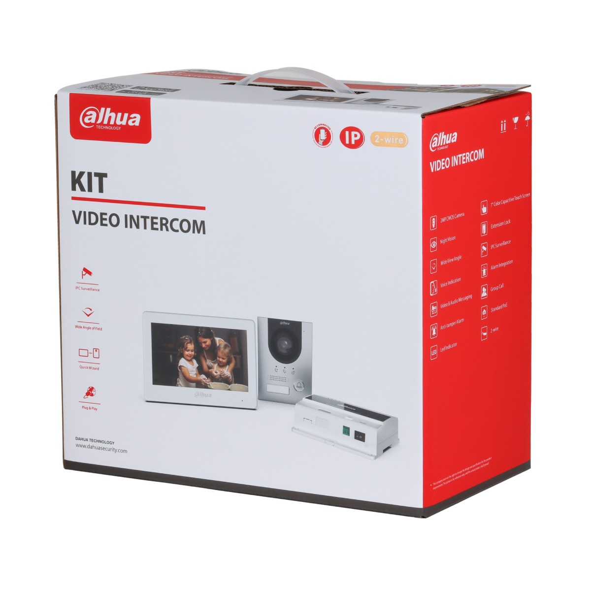 Scatola kit videocitofono Dahua con monitor, unità esterna e alimentatore.