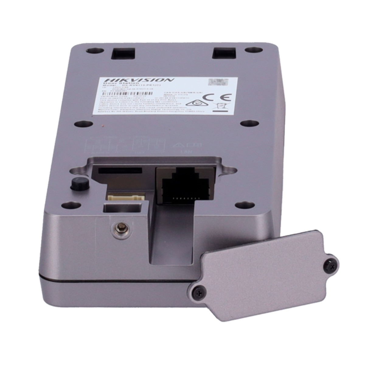 Retro di un dispositivo di rete Hikvision grigio con porta LAN e coperchio rimovibile.