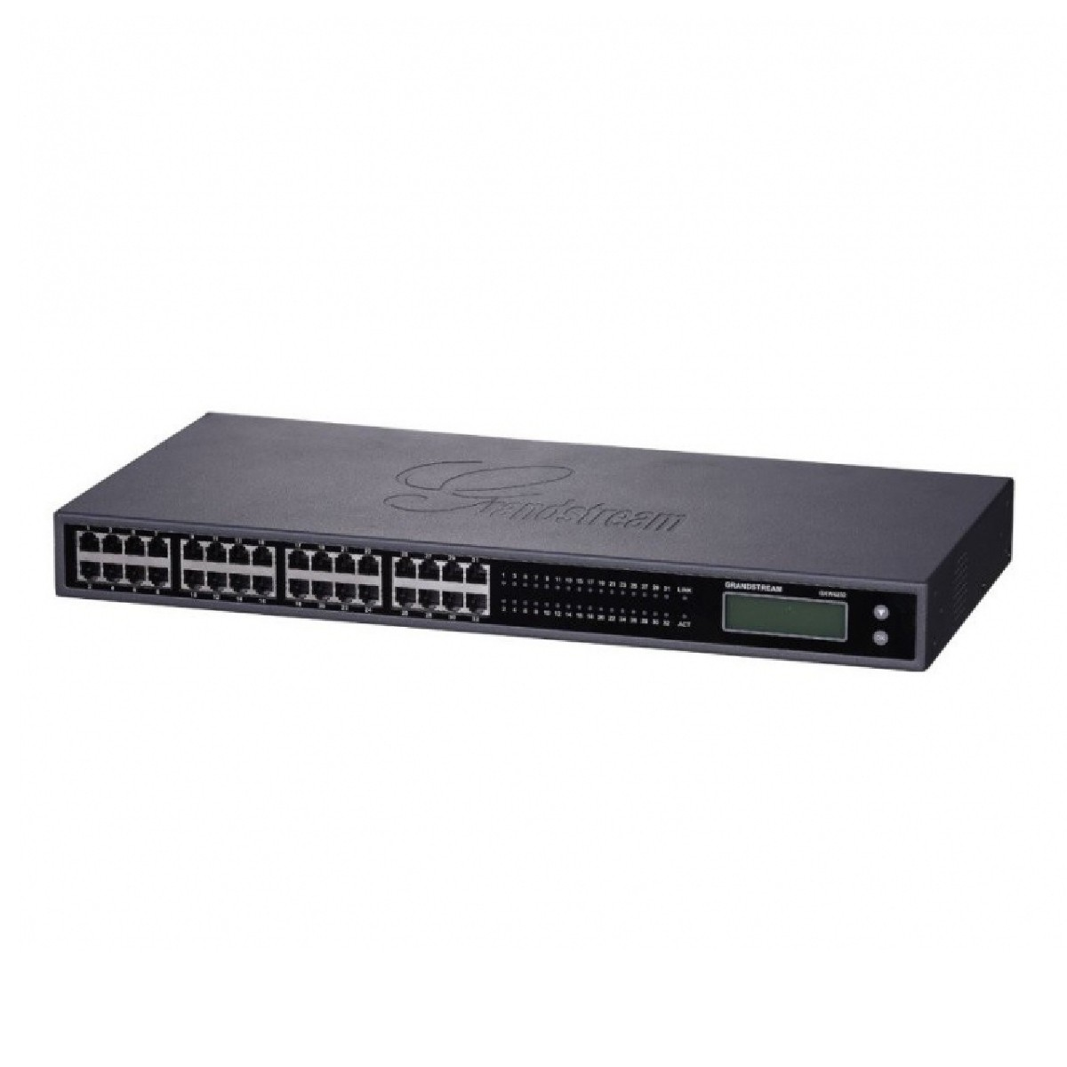Uno switch di rete Grandstream nero con 48 porte Ethernet e un piccolo schermo LCD.
