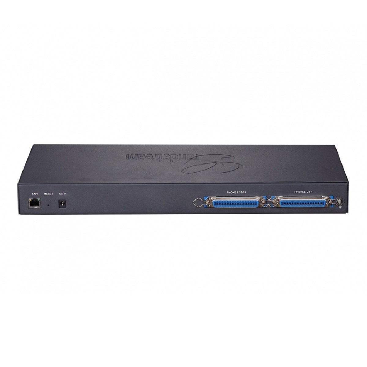 Un dispositivo Grandstream nero con porte LAN, Reset, DC In e due telefoniche.