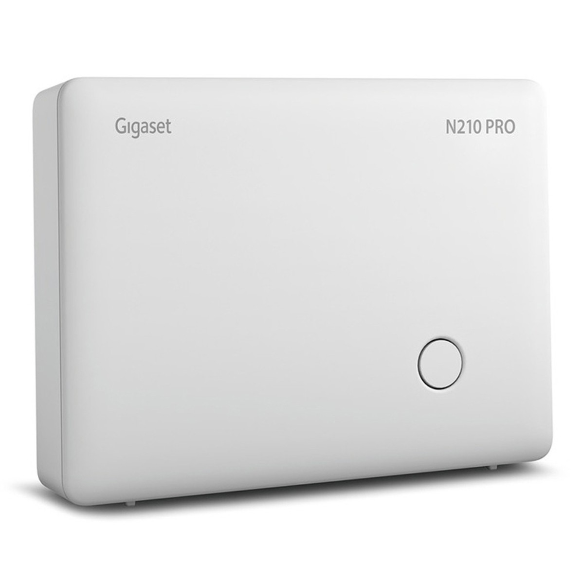 Un dispositivo bianco Gigaset N210 PRO con un simbolo circolare.