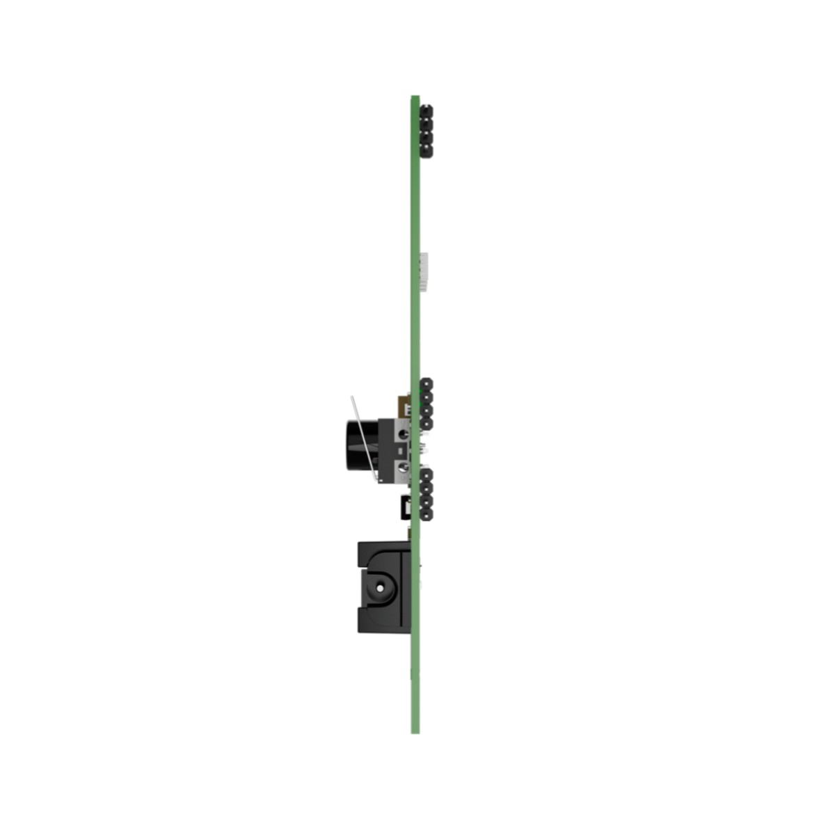 Un PCB verde con connettori neri e una presa nera.