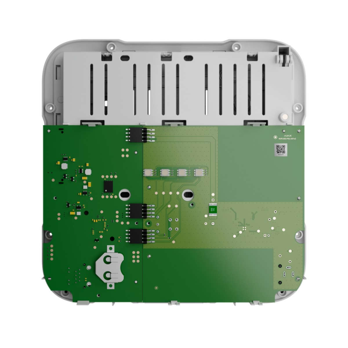 Vista di una scheda di circuito verde con molti componenti elettronici e connettori.