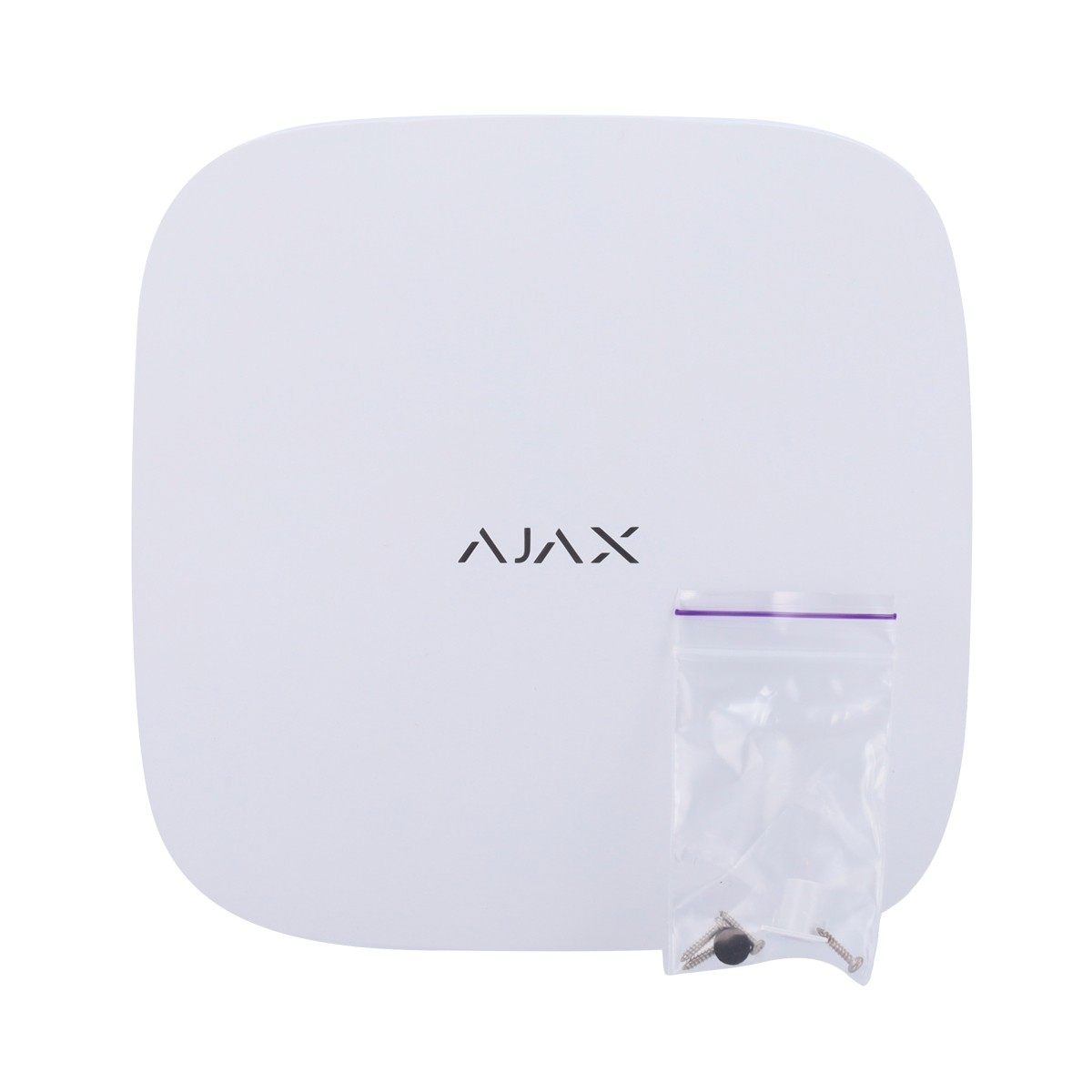 Dispositivo Ajax bianco con viti in sacchetto di plastica. Design minimalista.