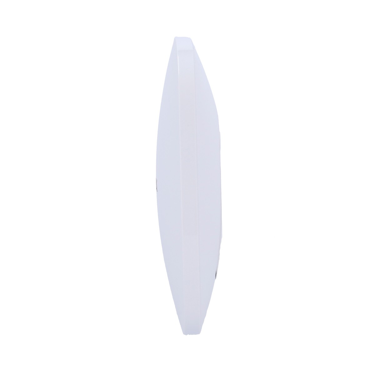 Un apparecchio di illuminazione bianco a forma di disco è mostrato di lato su sfondo bianco.