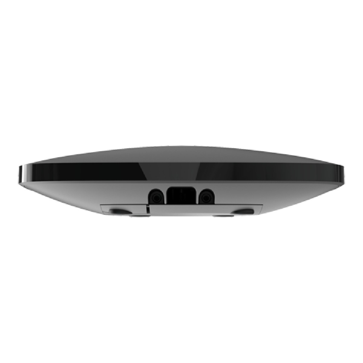 Primo piano di un dispositivo rotondo e nero con porte sul lato inferiore.