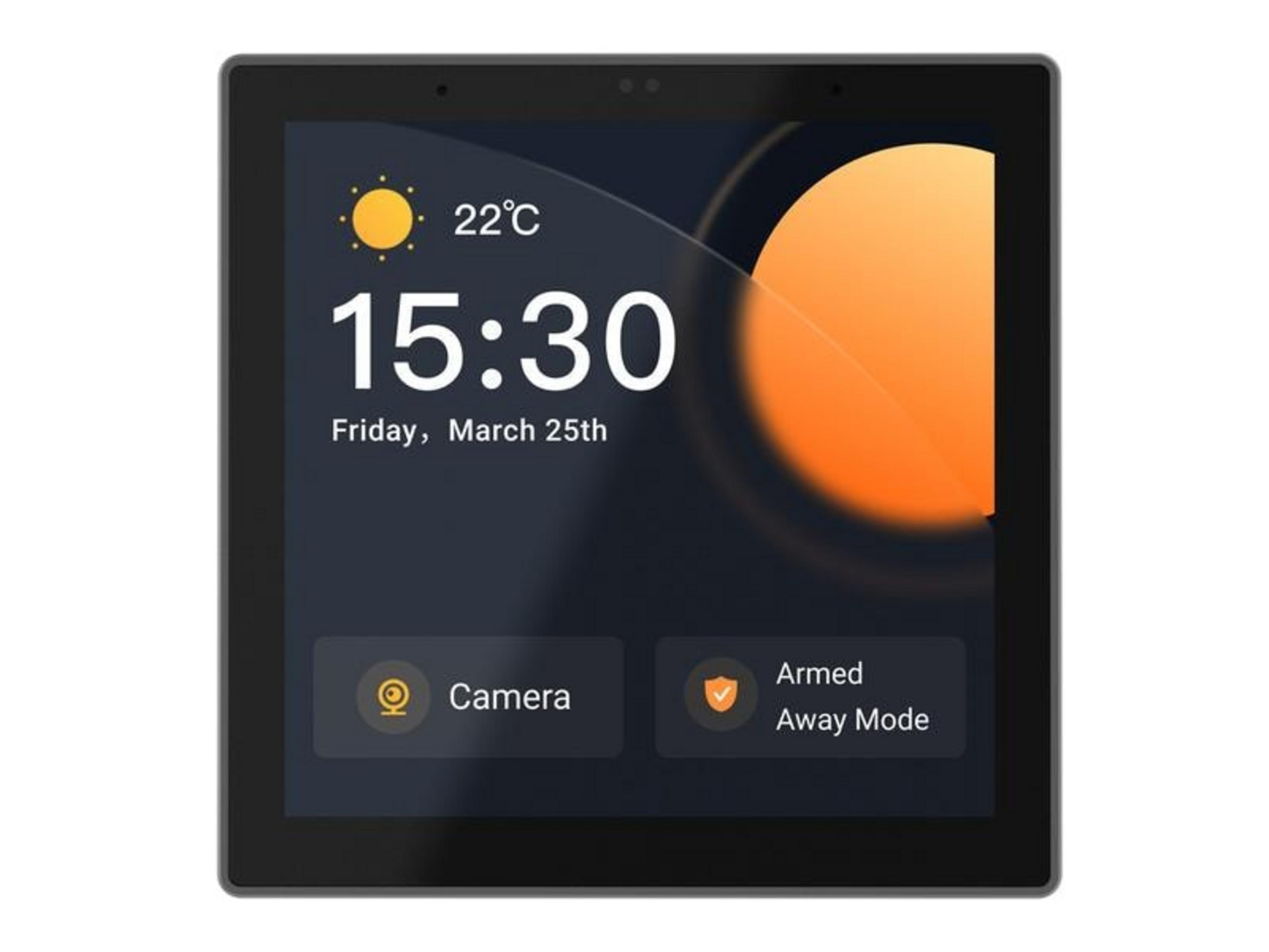 Un tablet mostra 22°C, 15:30, venerdì 25 marzo, Fotocamera, Modalità Assente Armato.
