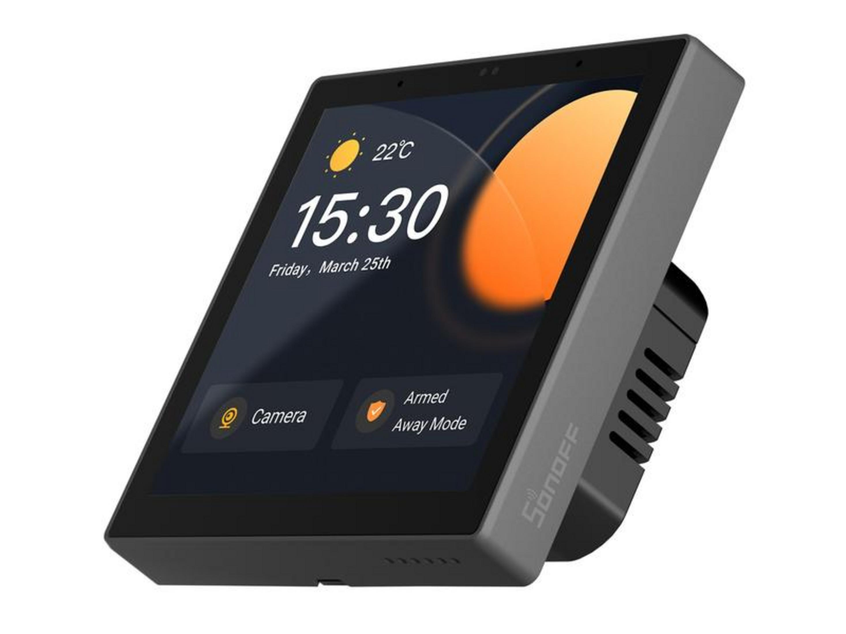 Display smart home grigio mostra ora, meteo e opzioni di controllo.