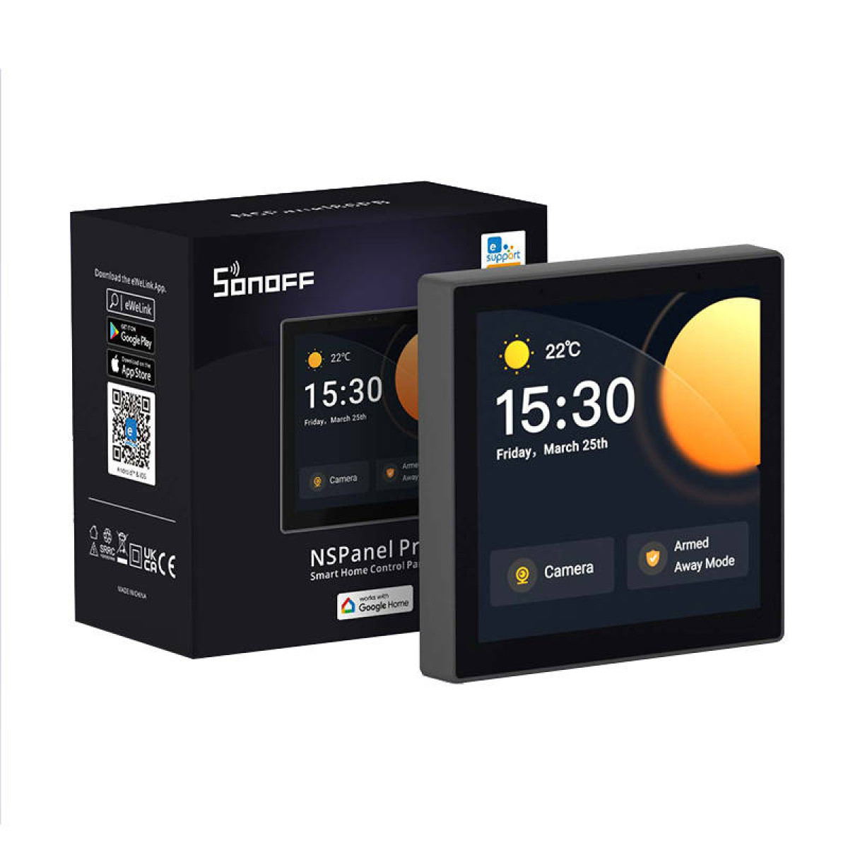 Un dispositivo Sonoff NSPanel Pro e la sua scatola. Mostra ora, temperatura, fotocamera e modalità.