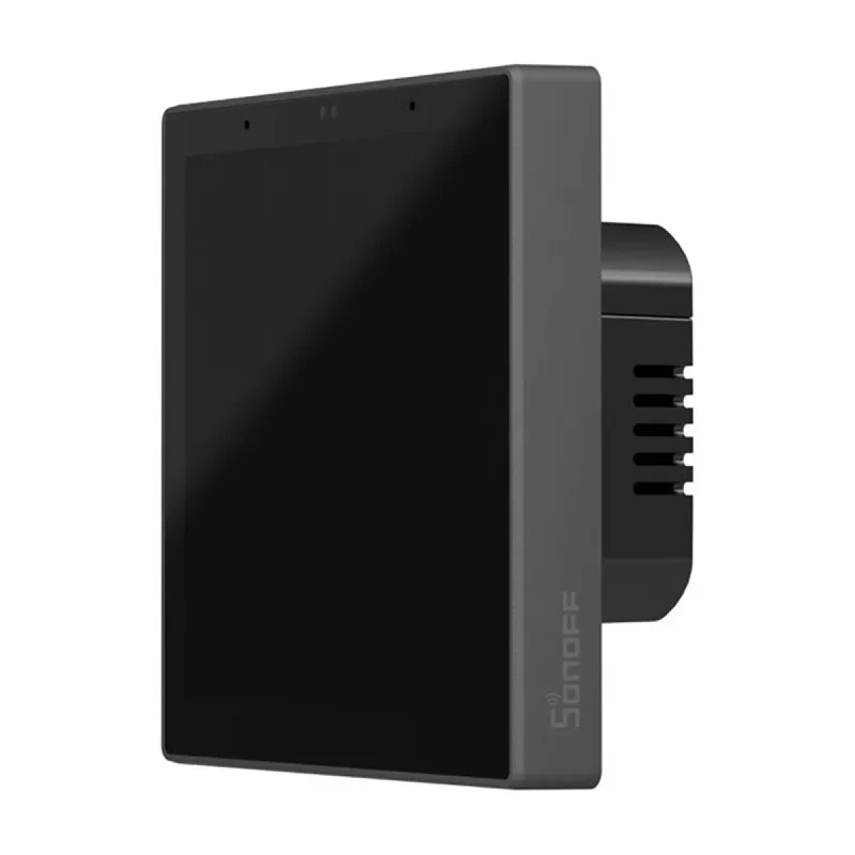 Un display smart home nero con fotocamere e fessure di ventilazione.