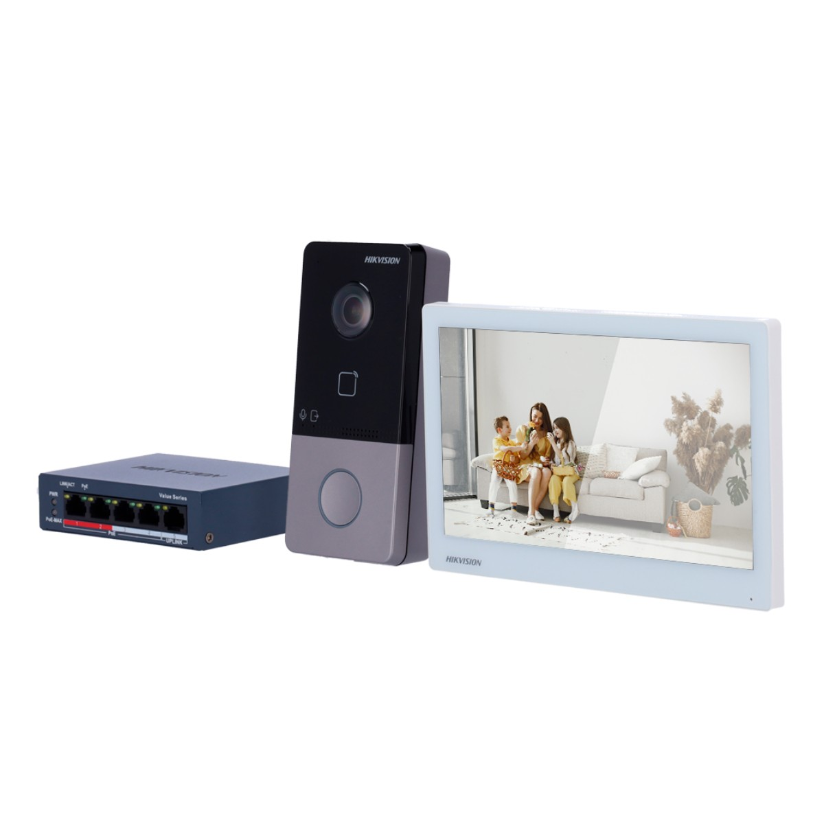 Un set di videocitofono con telecamera, monitor interno e switch di rete.
