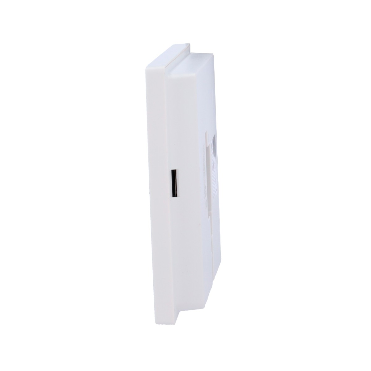 Un dispositivo rettangolare bianco con una fessura nera sul lato.