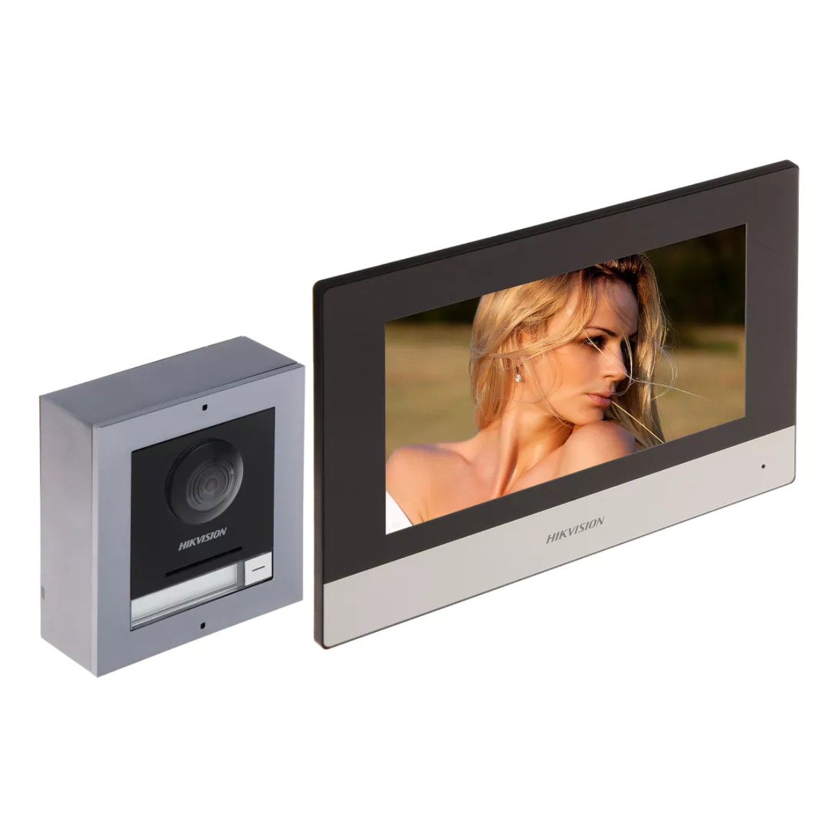 Modulo citofono con telecamera e monitor interno con donna