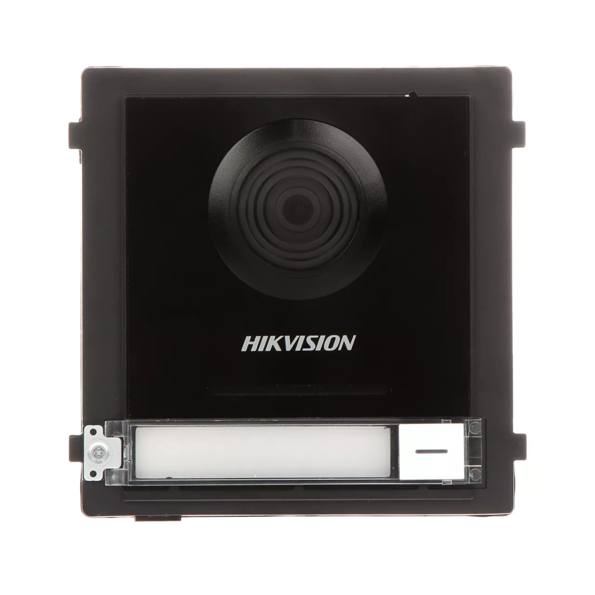 Citofono Hikvision nero con altoparlante rotondo e targhetta.