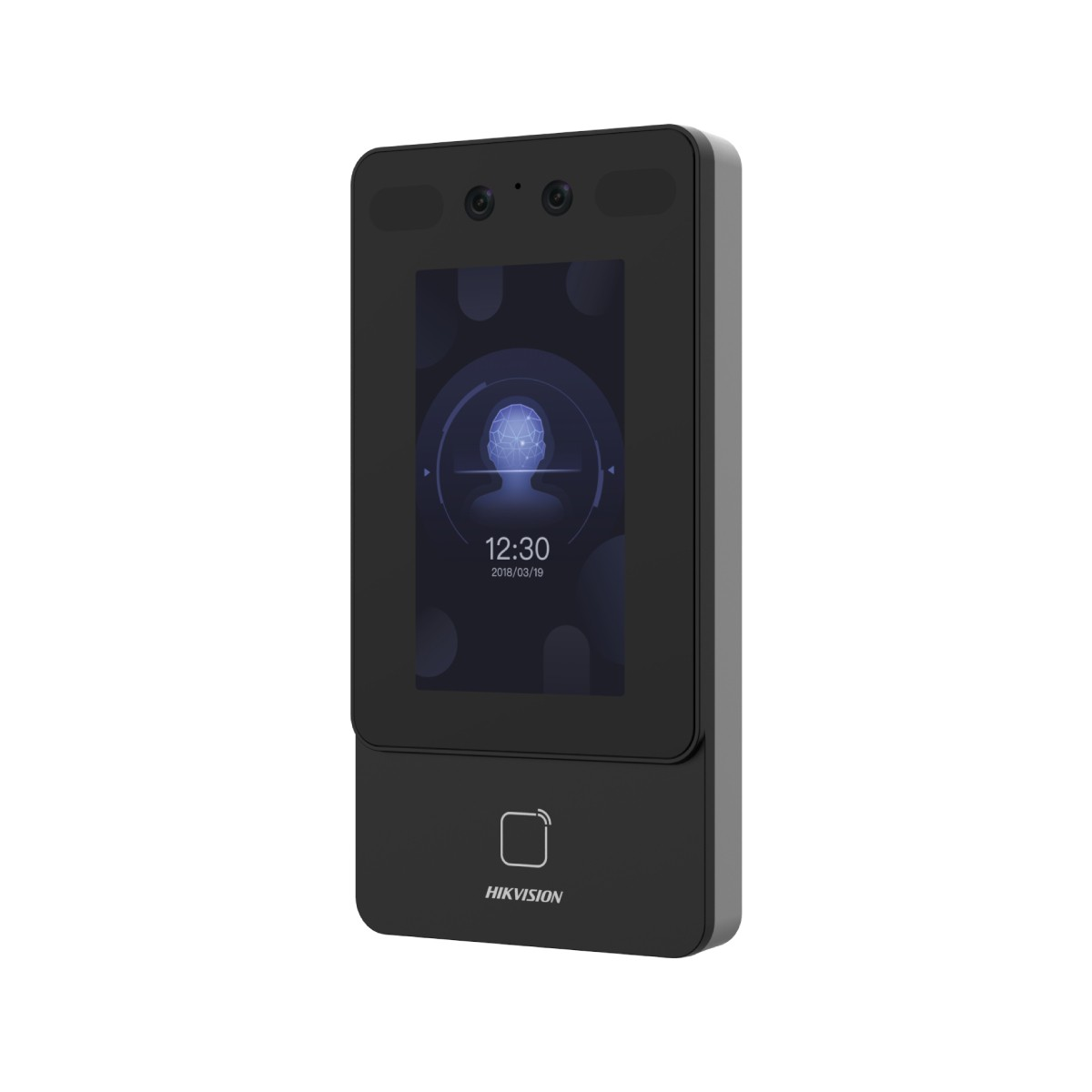 Un dispositivo di controllo accessi nero con touchscreen e fotocamera.