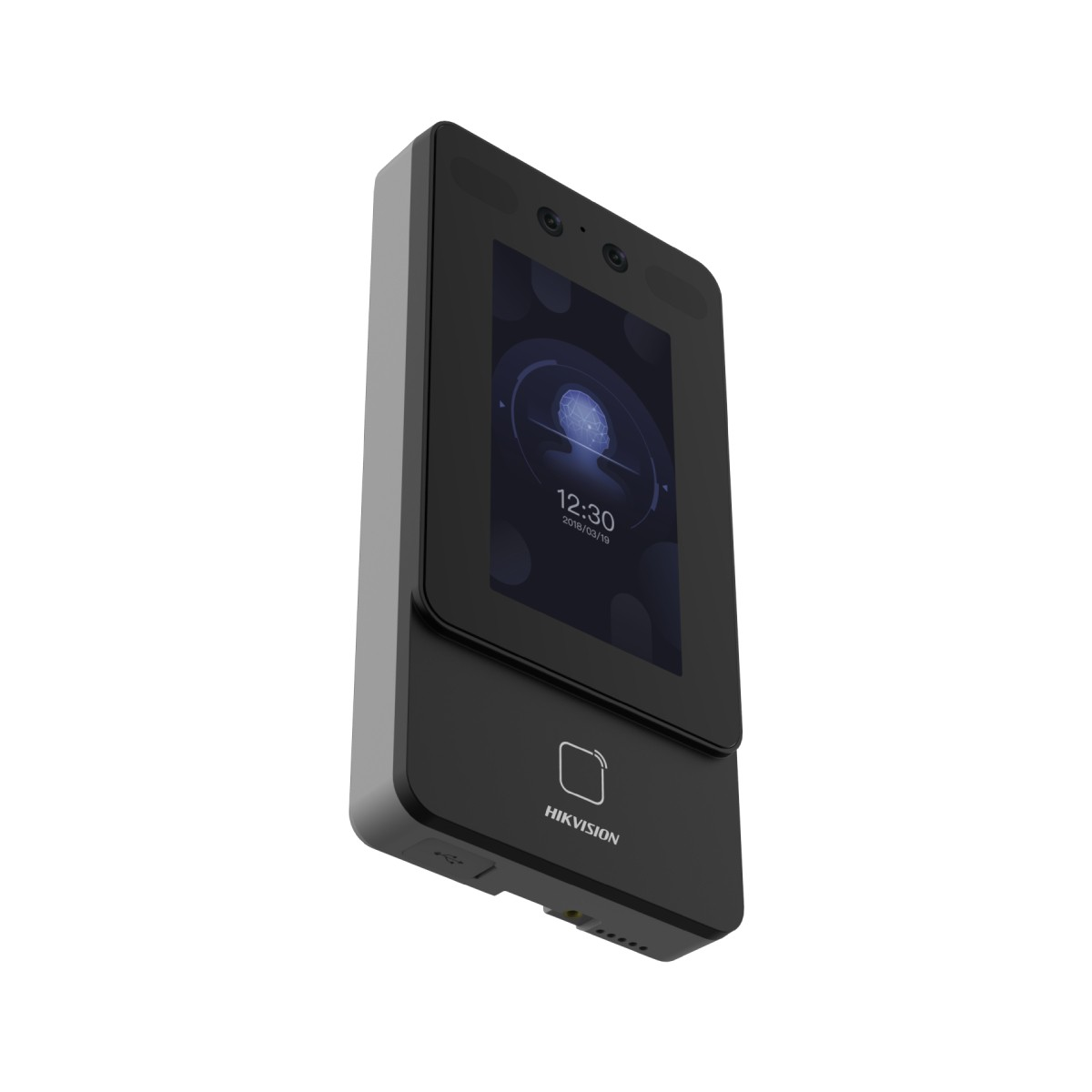 Un dispositivo nero Hikvision per il controllo accessi con touchscreen e telecamere.