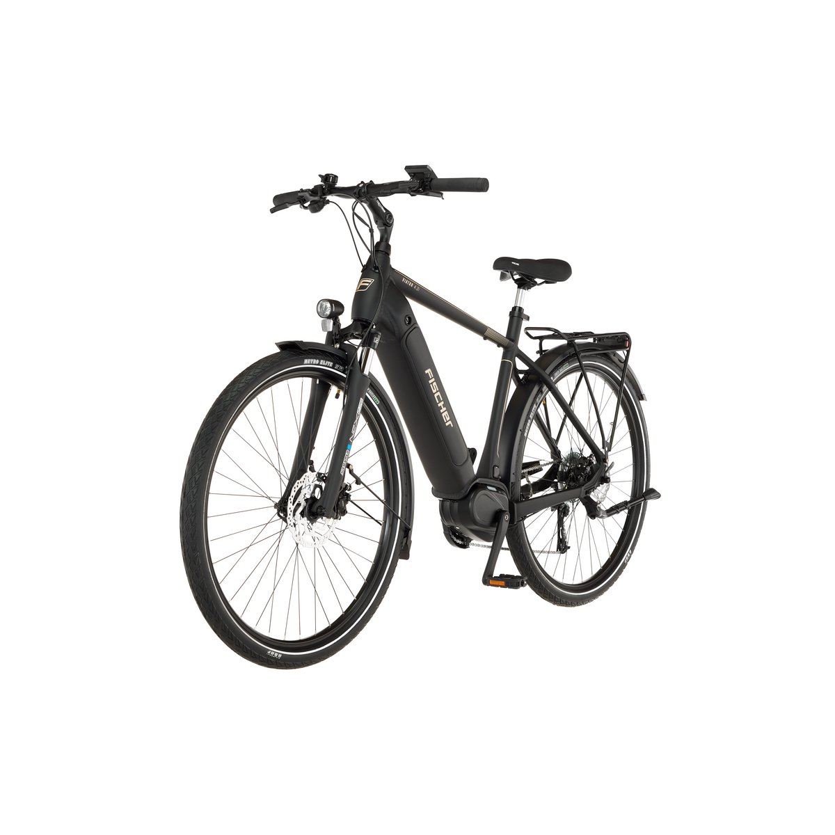 Schwarzes E-Bike mit silbernen Akzenten, Gepäckträger und Beleuchtung.