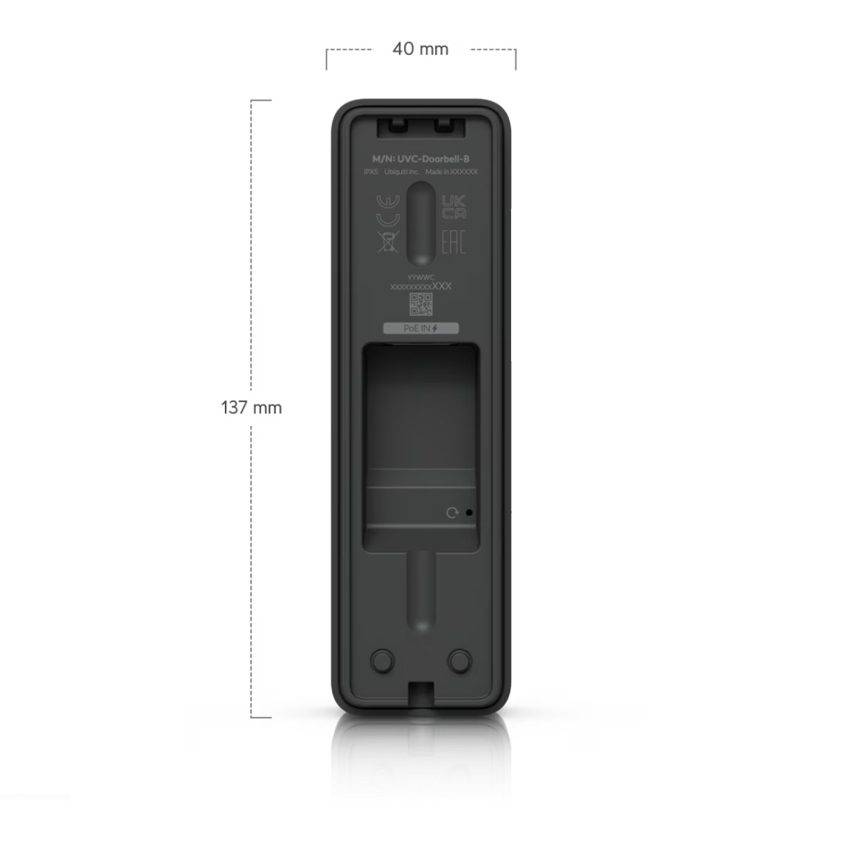 Un campanello scuro di 137x40 mm, modello UVC-Doorbell-B.