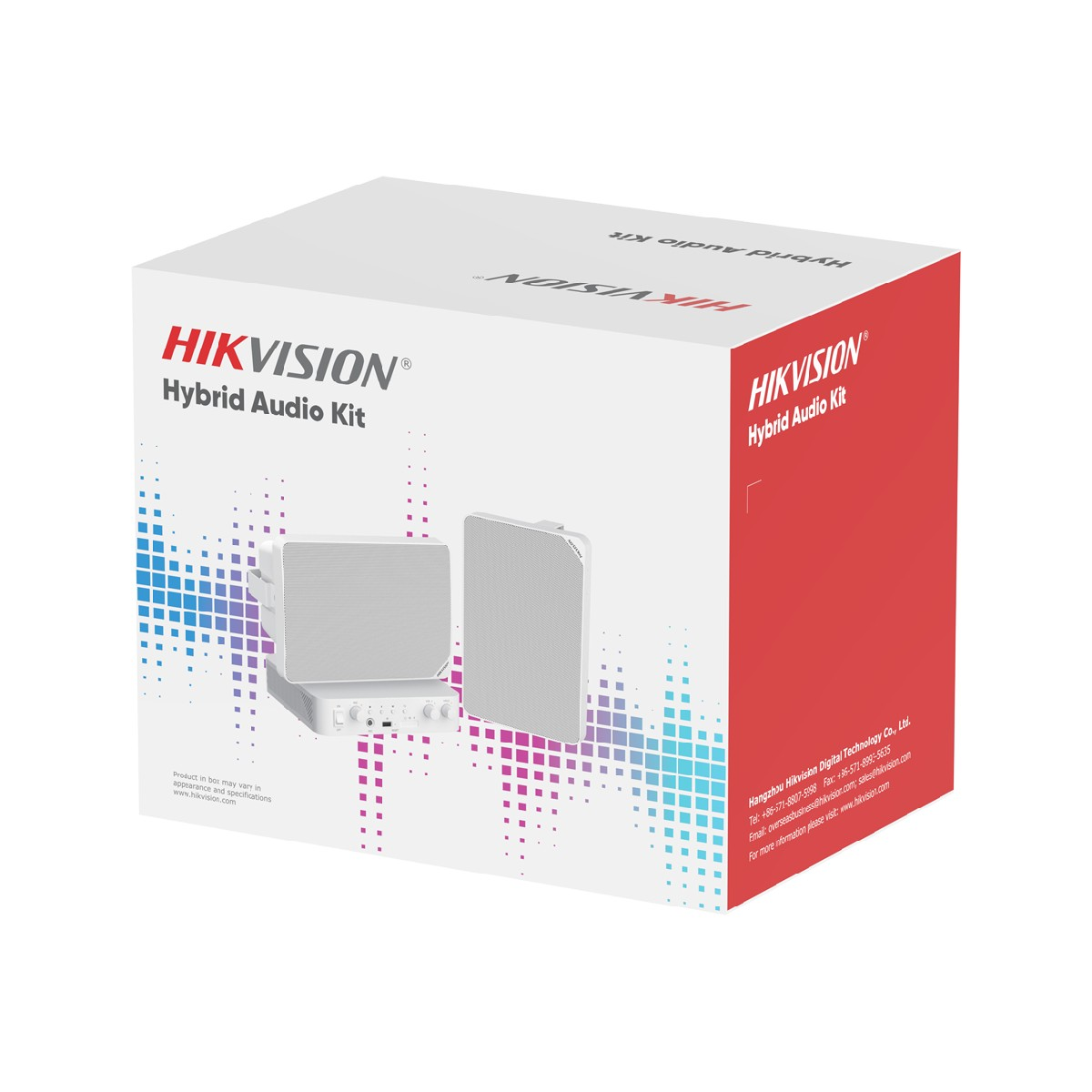 Scatola Hikvision Hybrid Audio Kit con altoparlanti e amplificatore.