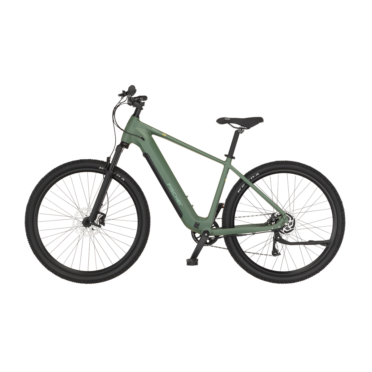Ein grünes Fischer E-Bike mit schwarzen Reifen und Felgen, Scheibenbremsen und weißem Hintergrund.