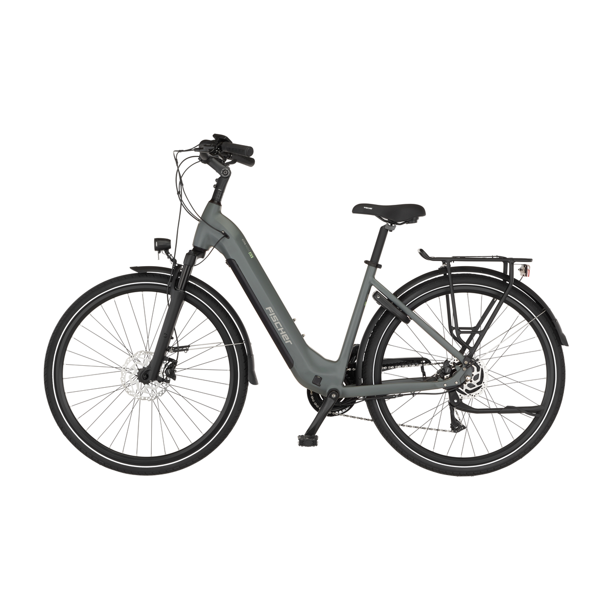 Graues Fischer E-Bike mit Gepäckträger und weißem Rand.