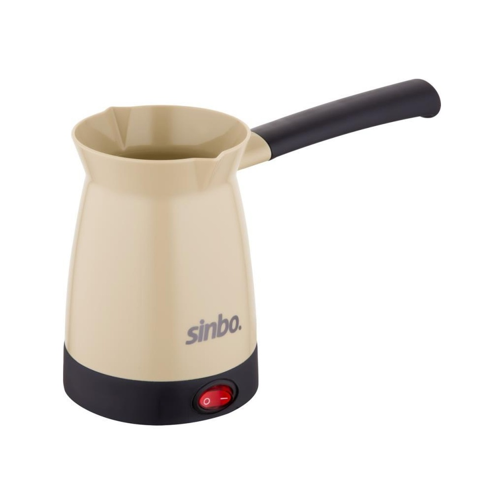 Siyah saplı ve kırmızı düğmeli bej elektrikli kahve makinesi.