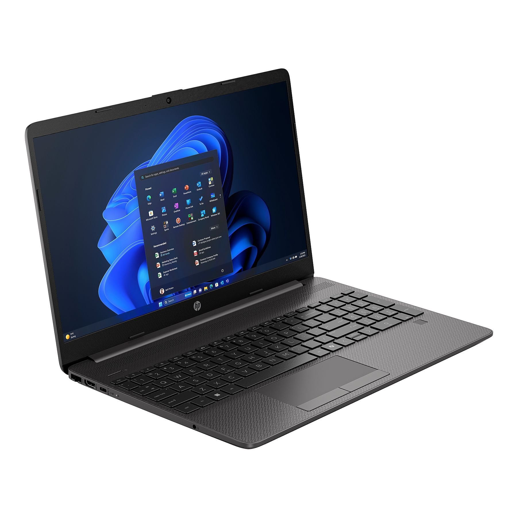 Un laptop HP nero con il menu Start di Windows 11 aperto sullo schermo.