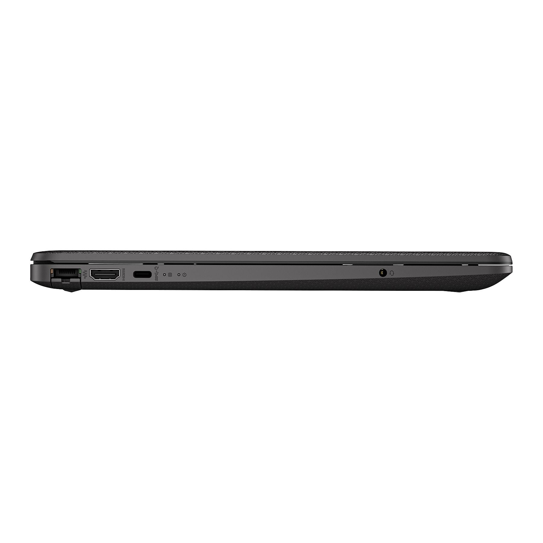 Lato del laptop nero con porte: HDMI, USB, alimentazione.