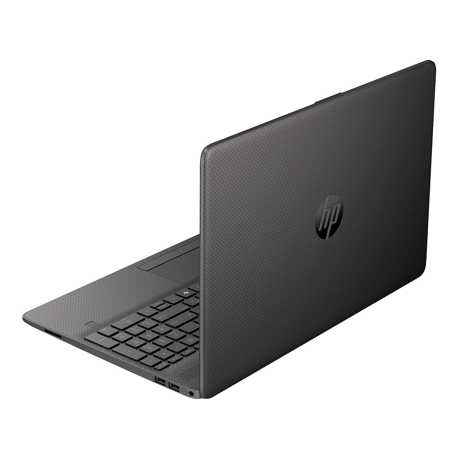 Un laptop HP scuro, aperto, con tastiera e touchpad su sfondo bianco.