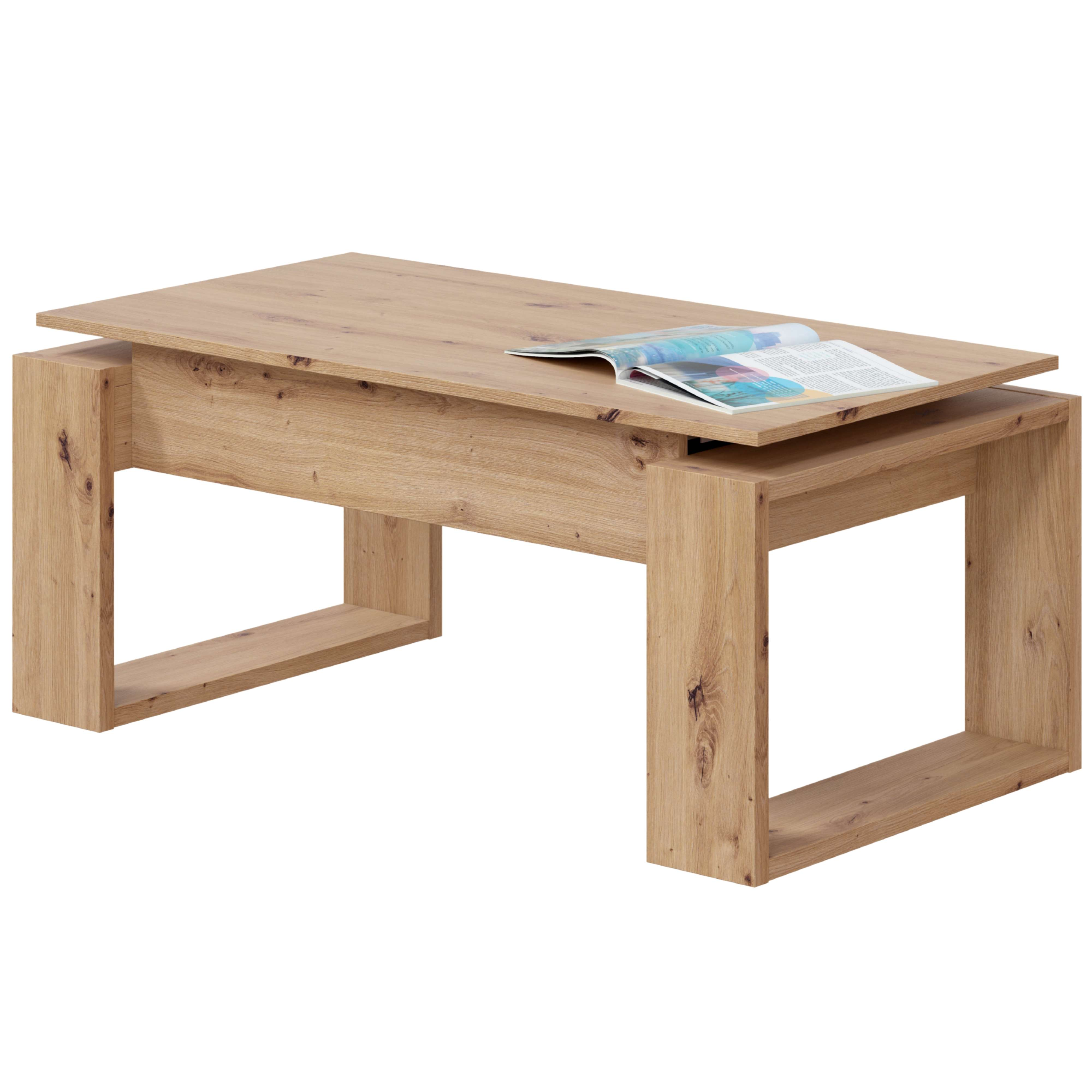 Una mesa de centro de madera con una revista abierta encima.
