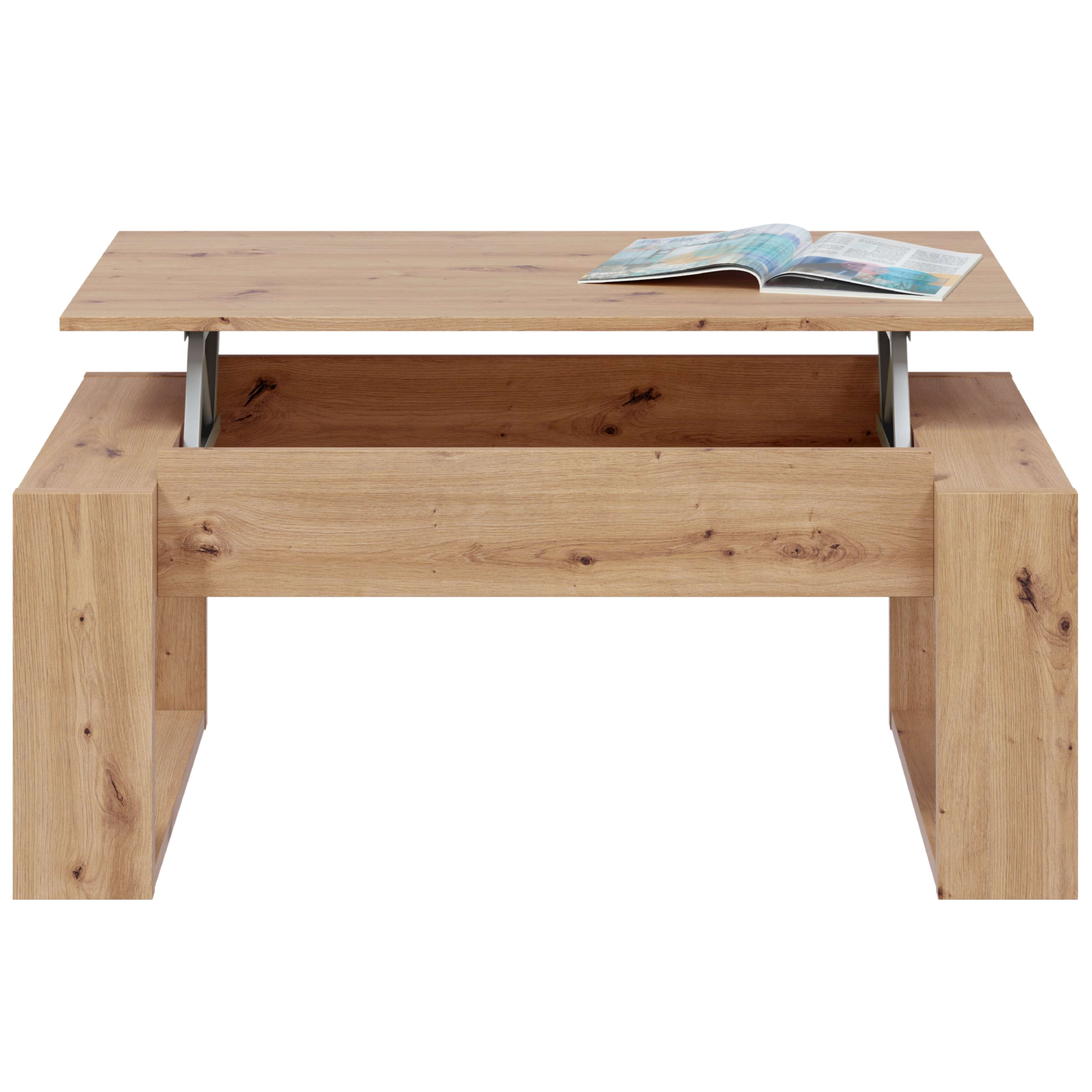 Una mesa de centro elevable de madera con revistas encima, vista de frente.