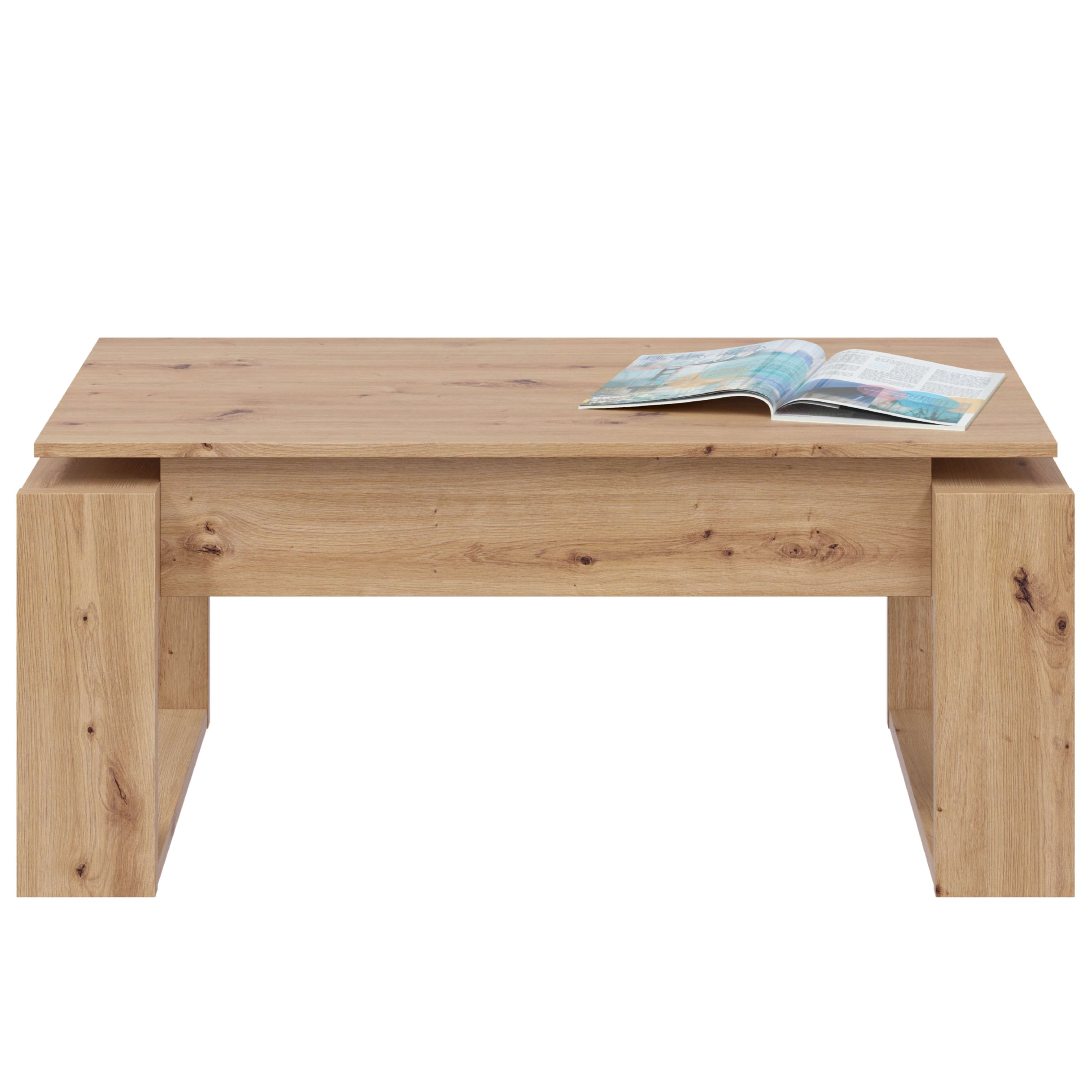 Una mesa de centro de madera con una revista abierta encima.