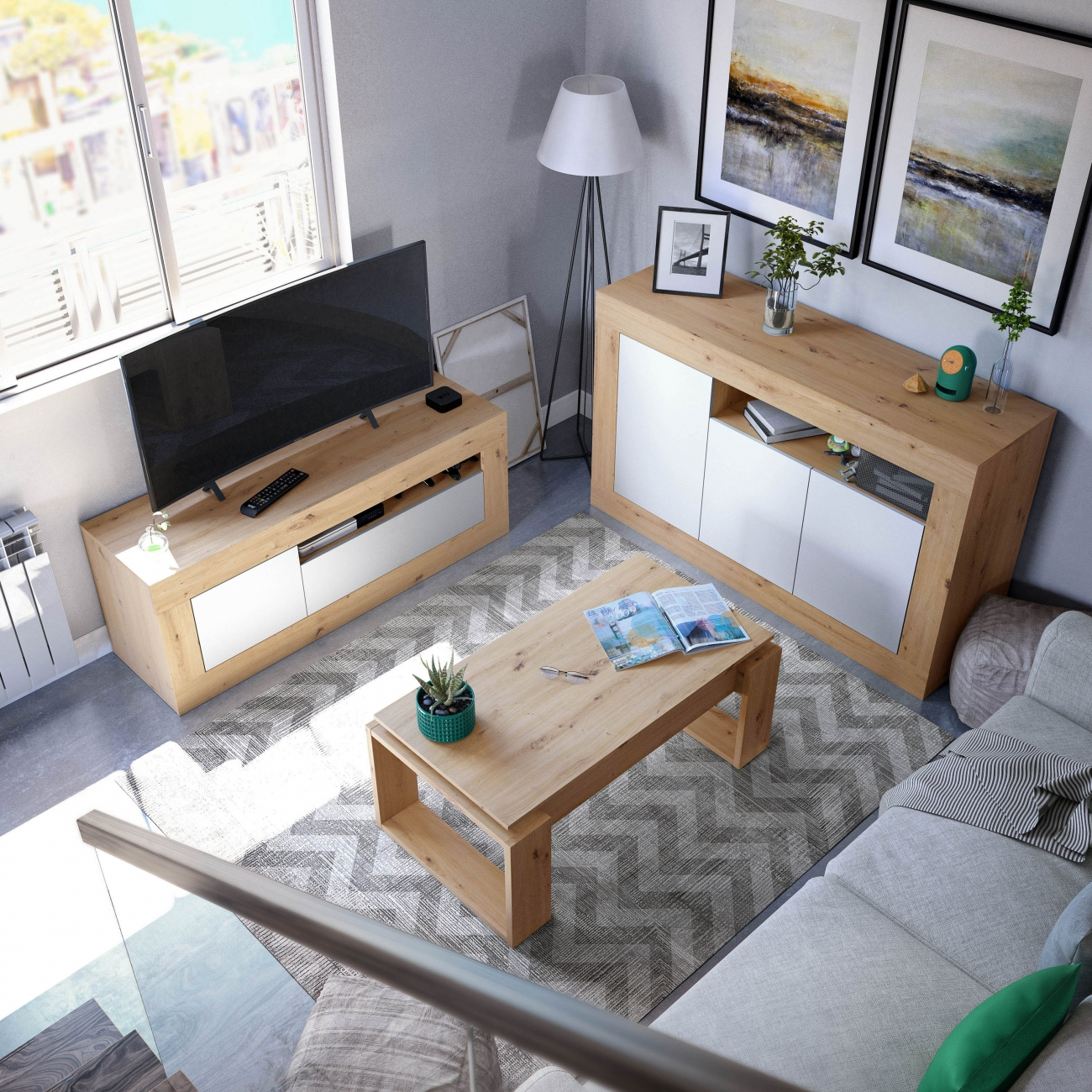 Sala de estar moderna con muebles de madera, sofá y TV.